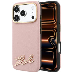 Husa iPhone 17 Pro Max Karl Lagerfeld Grained Leather Resin Sign Logo MagSafe, roz, KLHMP18X6PWKSRSP