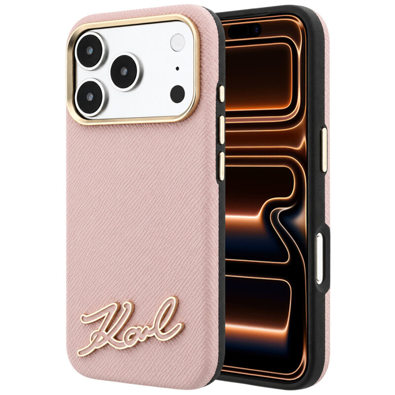 Husa iPhone 17 Pro Max Karl Lagerfeld Grained Leather Resin Sign Logo MagSafe, roz, KLHMP18X6PWKSRSP