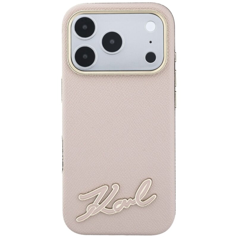 Husa iPhone 17 Pro Max Karl Lagerfeld Grained Leather Resin Sign Logo MagSafe, roz, KLHMP18X6PWKSRSP