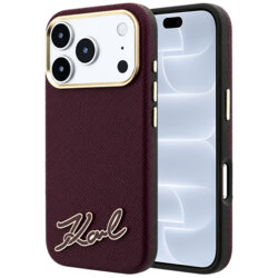 Husa iPhone 18 Pro Karl Lagerfeld Grained Leather with Resin Sign Logo MagSafe, bordo, KLHMP18L6PWKSRSR