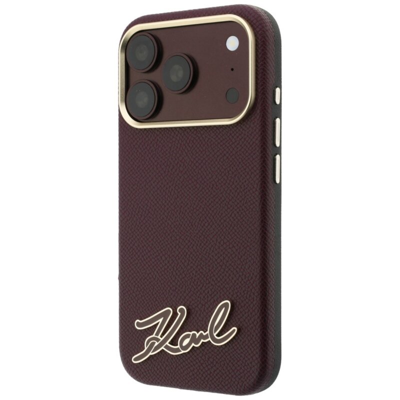 Husa iPhone 17 Pro Karl Lagerfeld Grained Leather with Resin Sign Logo MagSafe, bordo, KLHMP18L6PWKSRSR