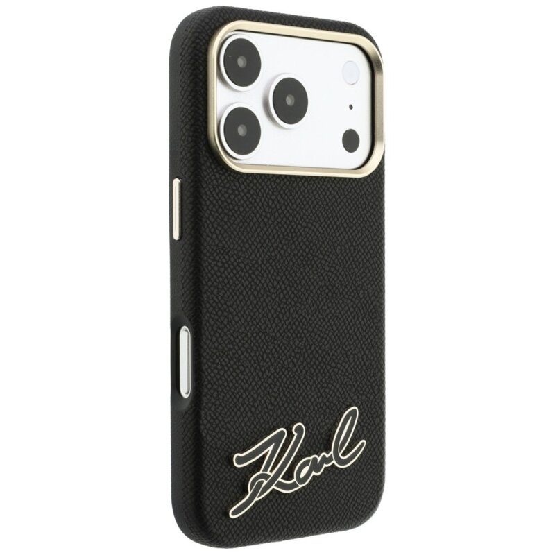 Husa iPhone 18 Pro Max Karl Lagerfeld Grained Leather Resin Sign Logo MagSafe, negru, KLHMP18X6PWKSRSK