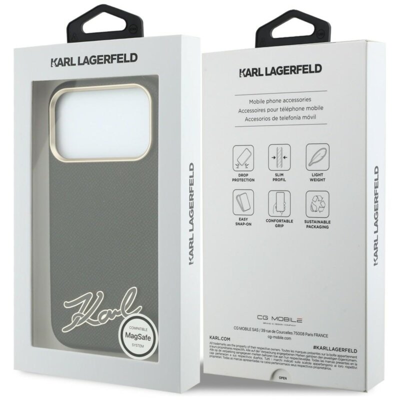 Husa iPhone 18 Pro Max Karl Lagerfeld Grained Leather Resin Sign Logo MagSafe, negru, KLHMP18X6PWKSRSK