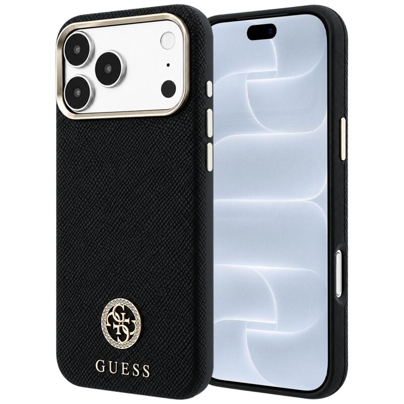 Husa originala Guess iPhone 18 Pro Grained Leather Round Strass Logo MagSafe, negru, GUHMP18L6PSRMDEK
