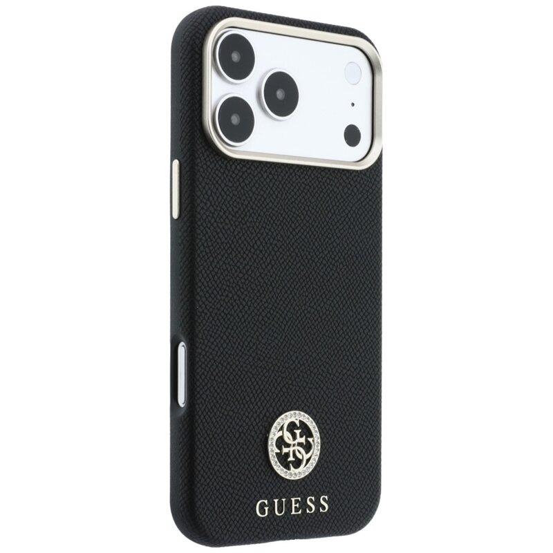 Husa originala Guess iPhone 17 Pro Grained Leather Round Strass Logo MagSafe, negru, GUHMP18L6PSRMDEK
