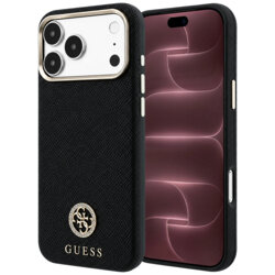 Husa originala Guess iPhone 18 Pro Max Grained Leather Round Strass Logo MagSafe, negru, GUHMP18X6PSRMDEK