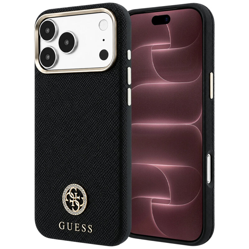 Husa originala Guess iPhone 18 Pro Max Grained Leather Round Strass Logo MagSafe, negru, GUHMP18X6PSRMDEK