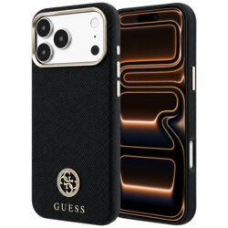 Husa originala Guess iPhone 17 Pro Max Grained Leather Round Strass Logo MagSafe, negru, GUHMP18X6PSRMDEK