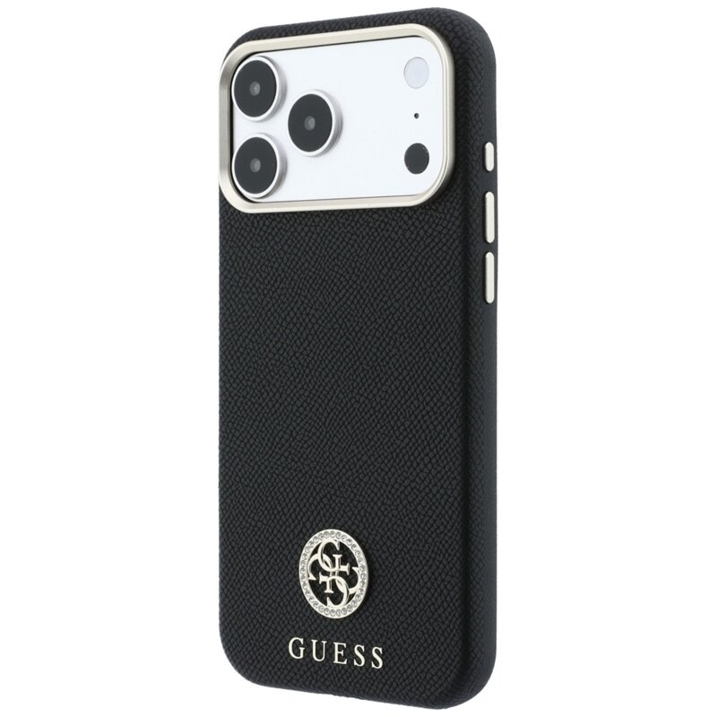 Husa originala Guess iPhone 17 Pro Max Grained Leather Round Strass Logo MagSafe, negru, GUHMP18X6PSRMDEK