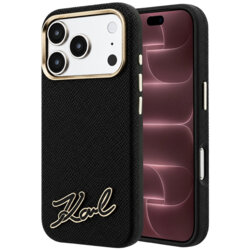 Husa iPhone 18 Pro Max Karl Lagerfeld Grained Leather Resin Sign Logo MagSafe, negru, KLHMP18X6PWKSRSK
