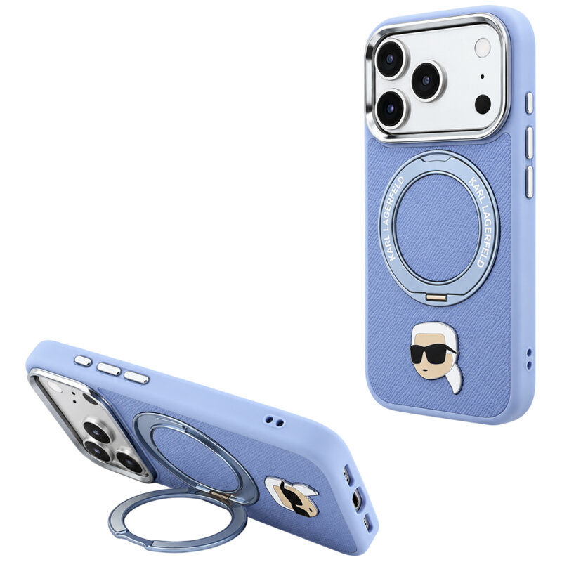 Husa iPhone 17 Pro Max Karl Lagerfeld Leather Ring Stand 360 K Head Pin MagSafe, bleu, KLHMP18XPSRSKLHB