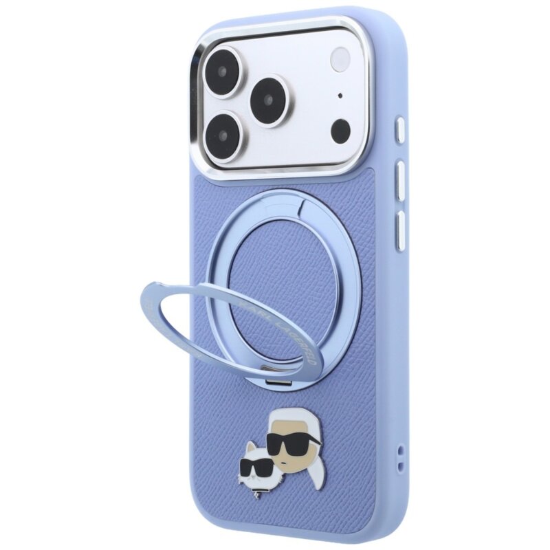 Husa originala iPhone 17 Pro Max Karl Lagerfeld Leather Ring Stand 360 KC Pin MagSafe, bleu, KLHMP18XPSRSKCHB