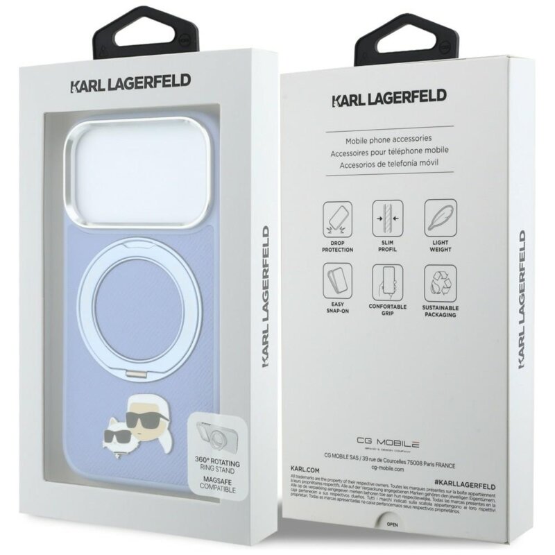 Husa originala iPhone 17 Pro Karl Lagerfeld Leather Ring Stand 360 KC Pin MagSafe, bleu, KLHMP18LPSRSKCHB
