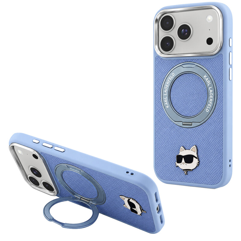 Husa originala iPhone 17 Pro Karl Lagerfeld Leather Ring Stand 360 C Pin MagSafe, bleu, KLHMP18LPSRSCHHB