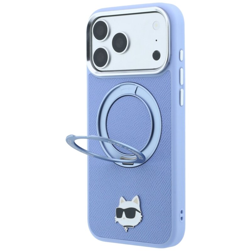 Husa originala iPhone 17 Pro Karl Lagerfeld Leather Ring Stand 360 C Pin MagSafe, bleu, KLHMP18LPSRSCHHB