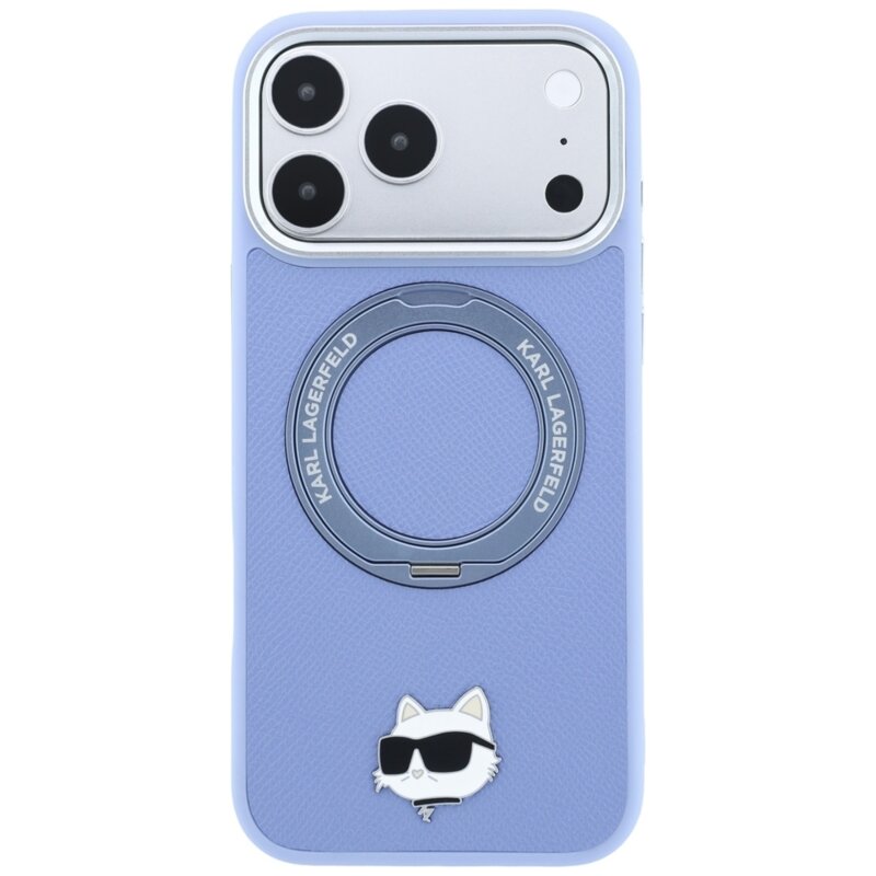 Husa iPhone 17 Pro Max Karl Lagerfeld Leather Ring Stand 360 C Pin MagSafe, bleu, KLHMP18XPSRSCHHB