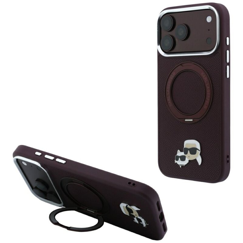 Husa originala iPhone 17 Pro Karl Lagerfeld Leather Ring Stand 360 KC Pin MagSafe, bordo, KLHMP18LPSRSKCHR