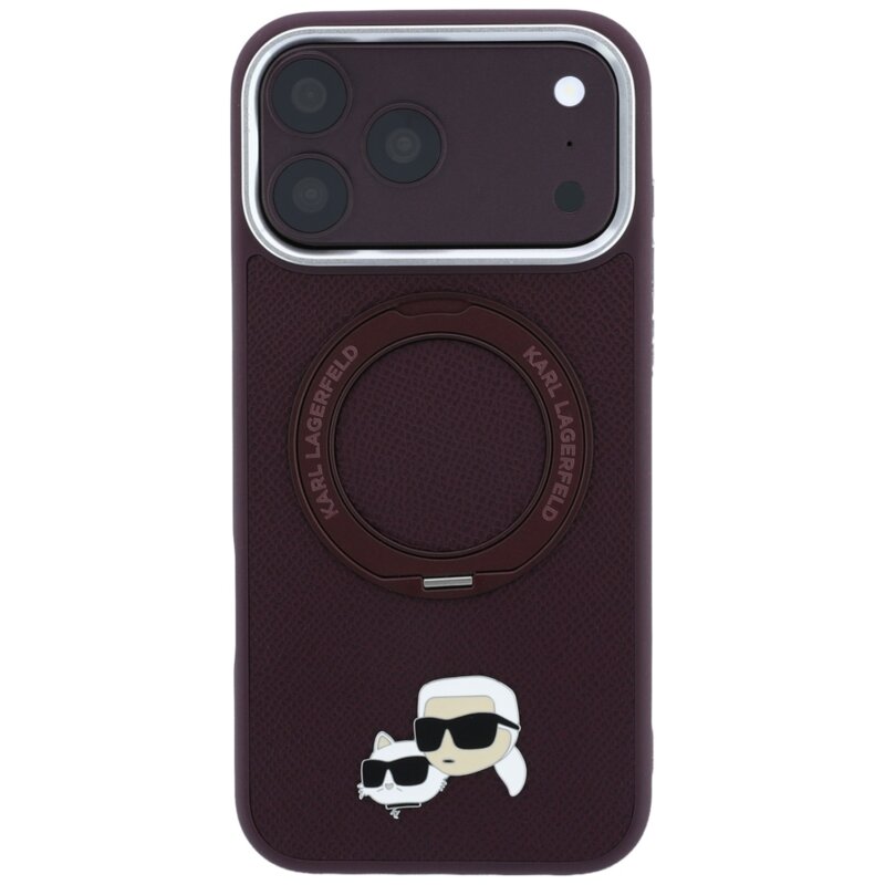 Husa originala iPhone 17 Pro Karl Lagerfeld Leather Ring Stand 360 KC Pin MagSafe, bordo, KLHMP18LPSRSKCHR