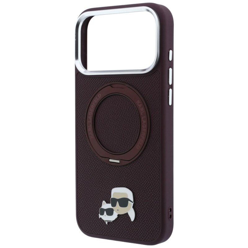Husa originala iPhone 17 Pro Karl Lagerfeld Leather Ring Stand 360 KC Pin MagSafe, bordo, KLHMP18LPSRSKCHR