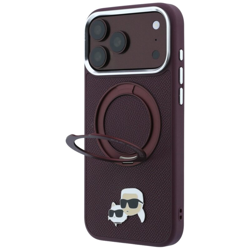 Husa iPhone 17 Pro Max Karl Lagerfeld Leather Ring Stand 360 MagSafe, bordo, KLHMP18XPSRSKCHR