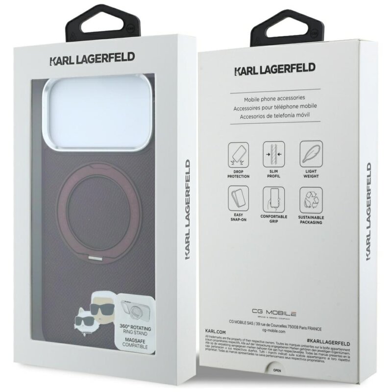 Husa iPhone 17 Pro Max Karl Lagerfeld Leather Ring Stand 360 MagSafe, bordo, KLHMP18XPSRSKCHR