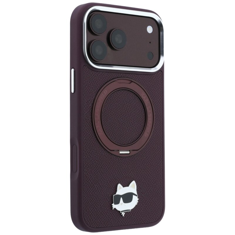 Husa originala iPhone 17 Pro Karl Lagerfeld Leather Ring Stand 360 C Pin MagSafe, bordo, KLHMP18LPSRSCHHR