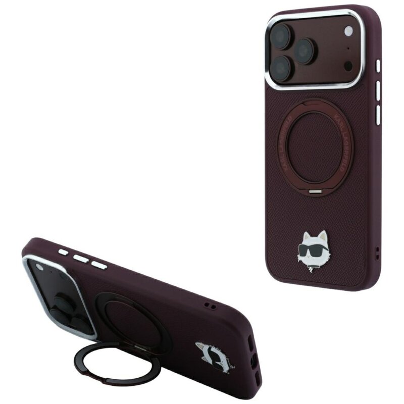 Husa iPhone 17 Pro Max Karl Lagerfeld Leather Ring Stand 360 C Pin MagSafe, bordo, KLHMP18XPSRSCHHR