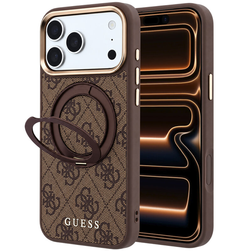 Husa Guess iPhone 17 Pro Max Ring Stand 360 4G Leather Classic Logo MagSafe, maro, GUHMP18X6PS4RSCLW