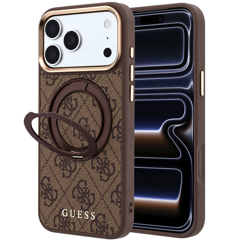 Husa Guess iPhone 17 Pro Ring Stand 360 4G Leather Classic Logo MagSafe, negru, GUHMP18L6PS4RSCLW