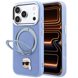 Husa iPhone 17 Pro Max Karl Lagerfeld Leather Ring Stand 360 K Head Pin MagSafe, bleu, KLHMP18XPSRSKLHB