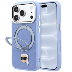 Husa originala iPhone 18 Pro Karl Lagerfeld Leather Ring Stand 360 K Pin MagSafe, bleu, KLHMP18LPSRSKLHB
