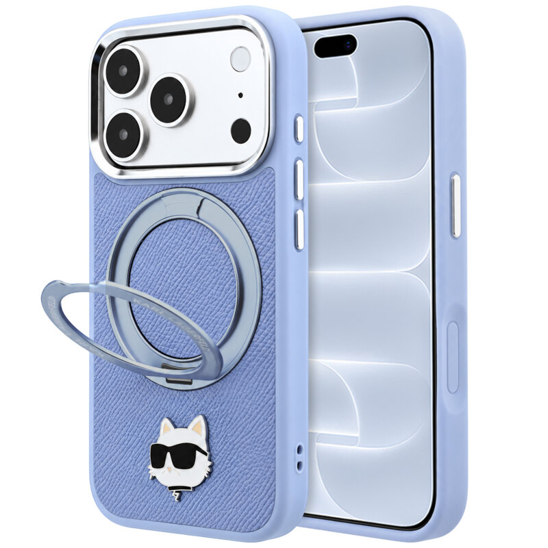 Husa originala iPhone 18 Pro Karl Lagerfeld Leather Ring Stand 360 C Pin MagSafe, bleu, KLHMP18LPSRSCHHB