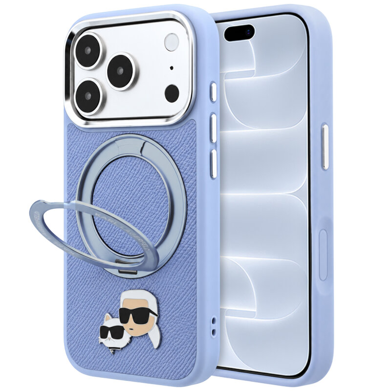 Husa originala iPhone 18 Pro Karl Lagerfeld Leather Ring Stand 360 KC Pin MagSafe, bleu, KLHMP18LPSRSKCHB