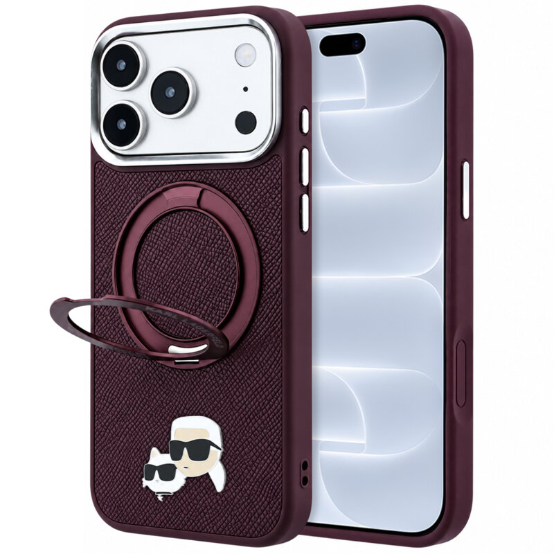 Husa originala iPhone 18 Pro Karl Lagerfeld Leather Ring Stand 360 KC Pin MagSafe, bordo, KLHMP18LPSRSKCHR