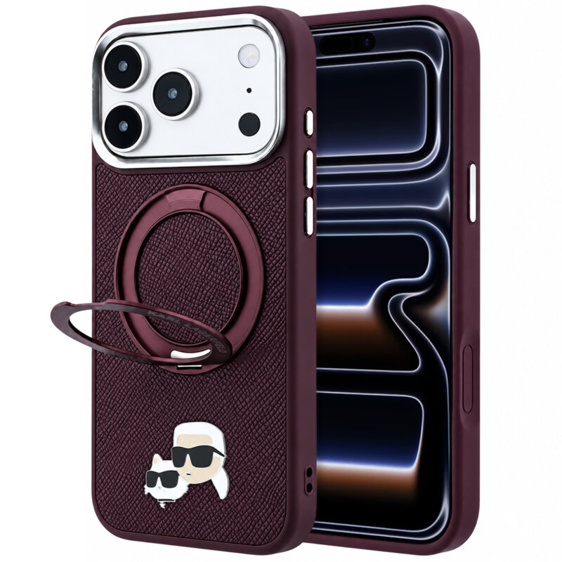 Husa originala iPhone 17 Pro Karl Lagerfeld Leather Ring Stand 360 KC Pin MagSafe, bordo, KLHMP18LPSRSKCHR