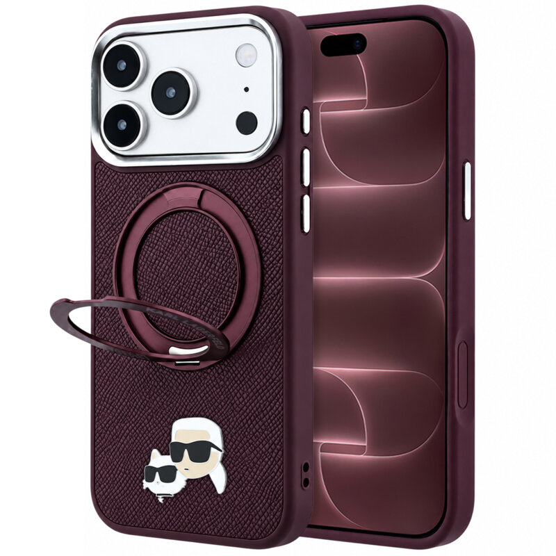 Husa iPhone 18 Pro Max Karl Lagerfeld Leather Ring Stand 360 MagSafe, bordo, KLHMP18XPSRSKCHR