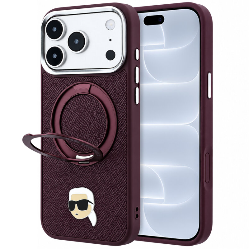 Husa originala iPhone 18 Pro Karl Lagerfeld Leather Ring Stand 360 K Pin MagSafe, bordo, KLHMP18LPSRSKLHR