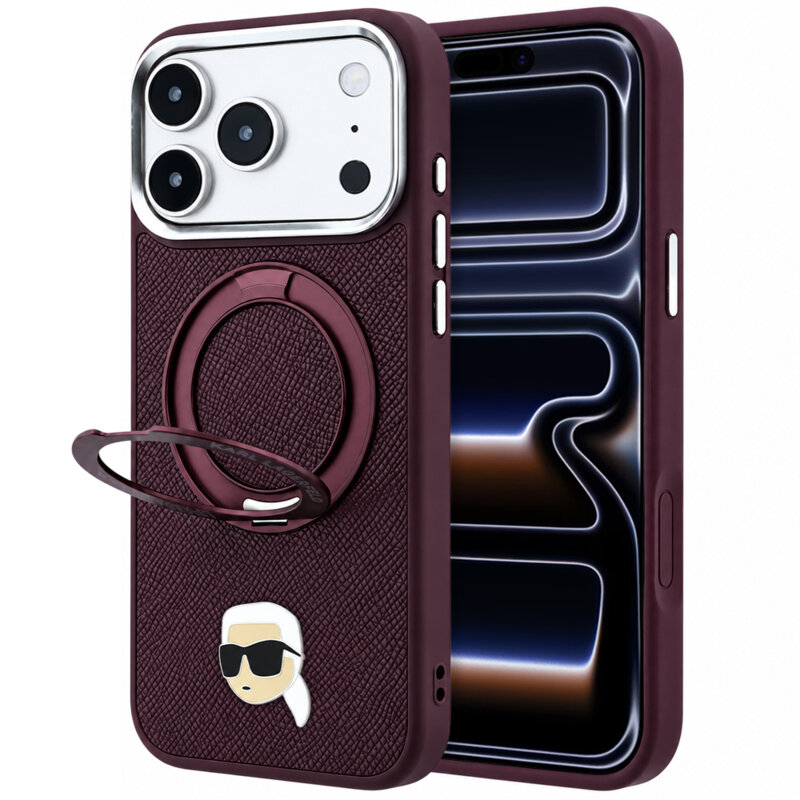 Husa originala iPhone 17 Pro Karl Lagerfeld Leather Ring Stand 360 K Pin MagSafe, bordo, KLHMP18LPSRSKLHR