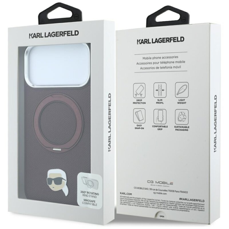 Husa originala iPhone 17 Pro Karl Lagerfeld Leather Ring Stand 360 K Pin MagSafe, bordo, KLHMP18LPSRSKLHR