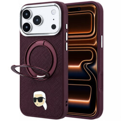 Husa iPhone 17 Pro Max Karl Lagerfeld Leather Ring Stand 360 K Pin MagSafe, bordo, KLHMP18XPSRSKLHR