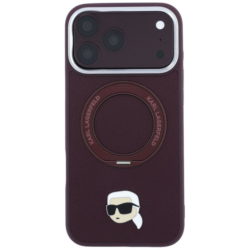 Husa iPhone 17 Pro Max Karl Lagerfeld Leather Ring Stand 360 K Pin MagSafe, bordo, KLHMP18XPSRSKLHR