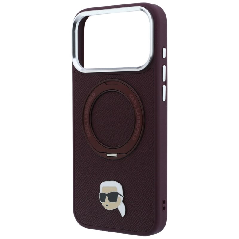 Husa iPhone 17 Pro Max Karl Lagerfeld Leather Ring Stand 360 K Pin MagSafe, bordo, KLHMP18XPSRSKLHR