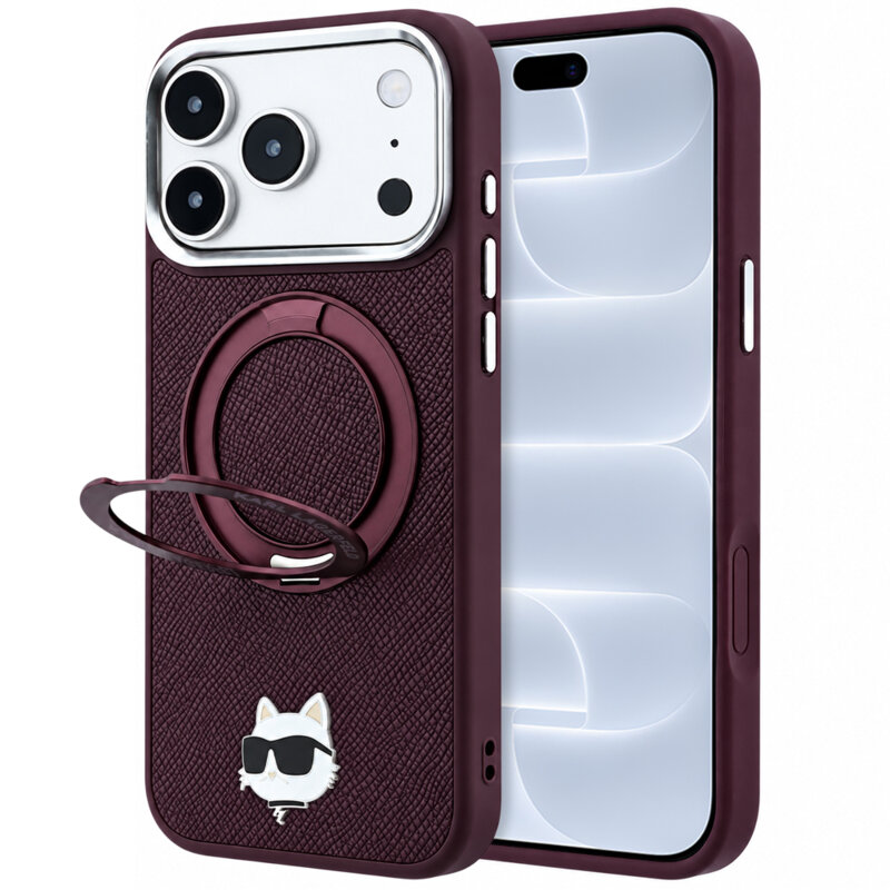Husa originala iPhone 18 Pro Karl Lagerfeld Leather Ring Stand 360 C Pin MagSafe, bordo, KLHMP18LPSRSCHHR