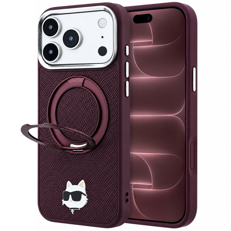 Husa iPhone 18 Pro Max Karl Lagerfeld Leather Ring Stand 360 C Pin MagSafe, bordo, KLHMP18XPSRSCHHR