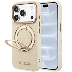 Husa iPhone 18 Pro Guess Grained Leather Ring Stand 360 Classic Logo MagSafe, bej, GUHMP18L6PSGRSCLE