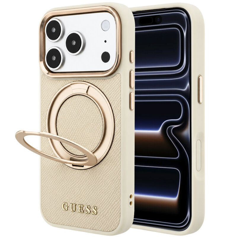 Husa iPhone 17 Pro Guess Grained Leather Ring Stand 360 Classic Logo MagSafe, bej, GUHMP18L6PSGRSCLE