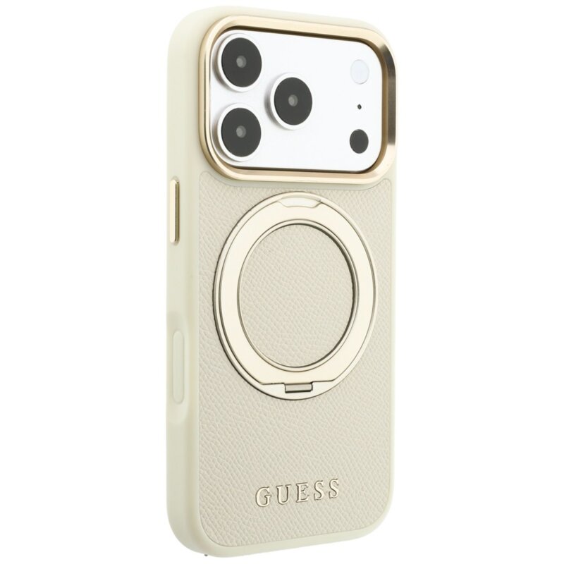 Husa iPhone 17 Pro Guess Grained Leather Ring Stand 360 Classic Logo MagSafe, bej, GUHMP18L6PSGRSCLE