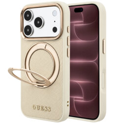 Husa iPhone 18 Pro Max Guess Grained Leather Ring Stand 360 Classic MagSafe, bej, GUHMP18X6PSGRSCLE