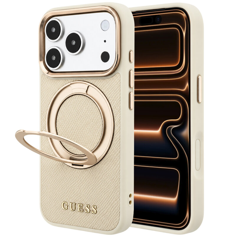 Husa iPhone 17 Pro Max Guess Grained Leather Ring Stand 360 Classic MagSafe, bej, GUHMP18X6PSGRSCLE