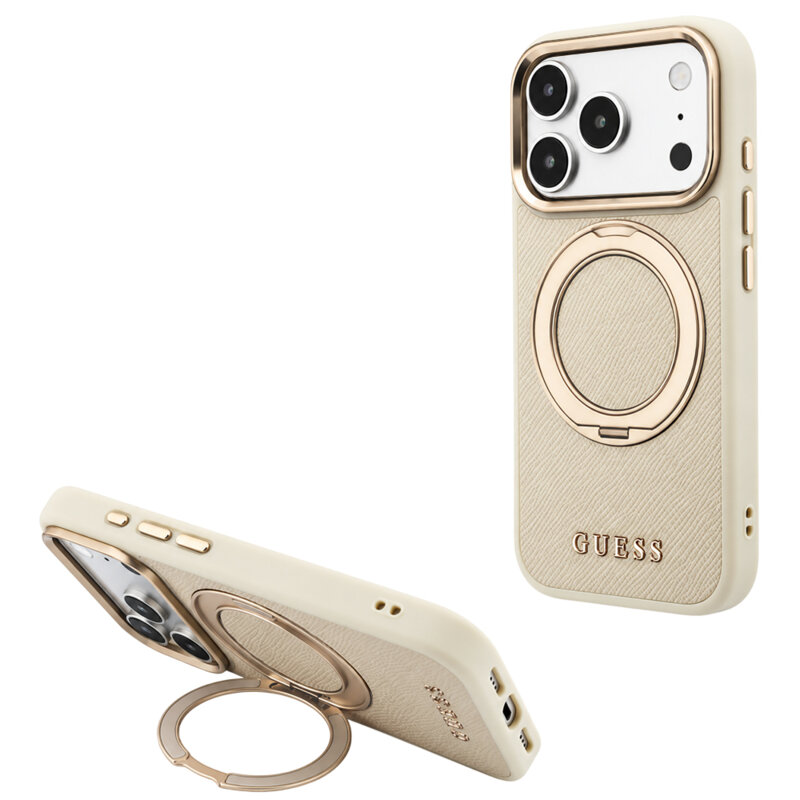Husa iPhone 17 Pro Max Guess Grained Leather Ring Stand 360 Classic MagSafe, bej, GUHMP18X6PSGRSCLE
